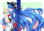  blue_hair blush flower hands_clasped hat hinanawi_tenshi iseno_yajin lily_(flower) long_hair own_hands_together profile red_eyes smile solo touhou very_long_hair 