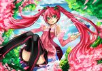  alternate_color alternate_hair_color aqua_eyes black_footwear boots cherry cherry_blossoms detached_sleeves eiji_(eiji) food fruit hatsune_miku long_hair necktie object_namesake petals pink_hair sakura_miku skirt smile solo thighhighs twintails very_long_hair vocaloid zettai_ryouiki 