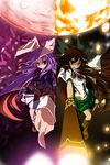  animal_ears arm_cannon black_hair bow bunny_ears firing full_moon glowing glowing_eye hair_bow highres light_trail long_hair moon multiple_girls pink_hair red_eyes reisen_udongein_inaba reiuji_utsuho touhou weapon zico 