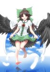  absurdres aonagi_ibane barefoot black_hair bow cape feet green_bow hair_bow highres long_hair red_eyes reiuji_utsuho running soles solo spread_toes third_eye touhou wings 