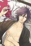  bad_id bad_pixiv_id black_hair chest hakuouki_shinsengumi_kitan japanese_clothes long_hair lying male_focus minato_(robin) open_clothes saitou_hajime_(hakuouki) sheath solo spill vial 