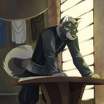  canine clothed clothing jailbird male mammal solo table wolf 