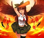  arm_cannon bad_id bad_pixiv_id blush bow brown_hair feathers hair_bow highres hyouka_(rat_hut) long_hair red_eyes reiuji_utsuho skirt solo third_eye touhou weapon wings 
