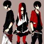  2boys bad_id bad_pixiv_id black_eyes black_hair gloves hair_over_one_eye hand_in_pocket hand_on_hip kana_(kwbr) long_hair multicolored_hair multiple_boys original pantyhose profile red_hair red_legwear simple_background skirt spot_color two-tone_hair 