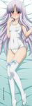  1girl absurdres azmaria_hendric bed_sheet blush chrno_crusade chrono_crusade covered_nipples erect_nipples feet hand_on_own_face highres long_hair looking_at_viewer lying no_shoes on_back one-piece_swimsuit open_mouth purple_hair red_eyes school_swimsuit solo sugimura_tomokazu swimsuit thighhighs white_legwear white_school_swimsuit white_swimsuit 