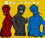  collarbone fullmetal_alchemist greed hand_on_hip katou_(hyaena) ling_yao long_hair long_sleeves looking_at_viewer low_ponytail male_focus multiple_boys multiple_persona open_mouth sharp_teeth shirt simple_background sketch teeth translation_request upper_body white_eyes yellow_background 