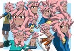  ? blush closed_eyes collage dark_skin dark_skinned_male from_behind goggles goggles_on_head grin inazuma_eleven inazuma_eleven_(series) long_hair looking_at_viewer looking_back male_focus multiple_views nanjou_akimasa official_style one_eye_closed open_mouth pink_hair shirtless smile soccer_uniform sportswear surfboard tsunami_jousuke 