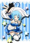  \m/ armpits bare_shoulders blue_eyes blue_hair cape gloves macross macross_frontier magical_girl mahou_shoujo_madoka_magica microphone miki_sayaka one_eye_closed parody short_hair smile solo star thighhighs yokoshima_(euphoria) 