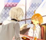  1girl accelerator ahoge albino bad_id bad_pixiv_id blush brown_hair choker closed_eyes dress_shirt feeding food fork hyakuhachi_(over3) juice last_order restaurant shirt short_hair sitting tears to_aru_majutsu_no_index white_hair 