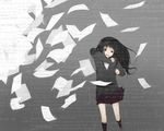  artist_request black_hair copyright_request flying_paper grey kneehighs long_hair math paper simple_background skirt solo sweater text_focus wind 