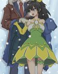  1girl black_hair blue_eyes coat dress ganaha_hibiki height_difference idolmaster idolmaster_(classic) idolmaster_2 long_hair ponytail producer_(idolmaster) samo_(samodayo) snowing vital_sunflower 