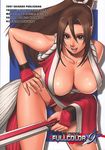  breasts brown_eyes brown_hair cleavage closed_fan fan fatal_fury folding_fan hand_on_hip hanging_breasts highres large_breasts long_hair open_mouth saigadou shiranui_mai solo the_king_of_fighters thighs 