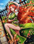  blue_eyes braid fighting_stance gate hat hong_meiling legs long_hair long_legs md5_mismatch oil_painting_(medium) red_hair scarlet_devil_mansion solo tafuto thighs touhou traditional_media twin_braids 