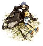  1girl age_difference ahiru777 bad_id bad_pixiv_id bird black_armor blonde_hair blue_hair boots child clarissa_arwin coat felius_arwin gloves grass long_sleeves shirt shoes short_hair sitting skirt smile socks wild_arms wild_arms_xf 