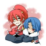  1girl blood blue_hair carrying eyebrows injury pixiv_fantasia pixiv_fantasia_5 ponytail princess_carry red_hair yanagi_(nurikoboshi) yellow_eyes 