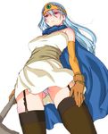  aqua_hair breasts cape circlet dragon_quest dragon_quest_iii elbow_gloves from_below garter_straps gloves large_breasts long_hair oono_tsutomu panties pantyshot pantyshot_(standing) red_eyes sage_(dq3) solo standing thighhighs underwear 