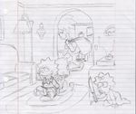  black_and_white greyscale human knife lamp lisa_simpson living_room maggie_simpson mammal monochrome mysticalpha pacifier pencils robbery rug sideshow_bob sketch sofa television the_simpsons tv 