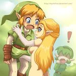  ! 2girls blonde_hair blue_eyes blush breasts bush clothes deviantart link mysteltain nintendo nipples nude ocarina_of_time princess_zelda saria sweat the_legend_of_zelda 