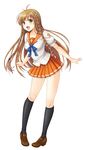  :d braid brown_eyes brown_hair culture_japan full_body k.y_ko kneehighs leaning_forward loafers mascot open_mouth outstretched_arms pigeon-toed school_uniform shoes simple_background skirt smile solo spread_arms suenaga_mirai twin_braids 