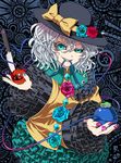  apple aqua_eyes blue_flower blue_rose eyeball flower food frills frog fruit fuji_hyorone hat holding holding_food holding_fruit jewelry knife komeiji_koishi multicolored multicolored_nails nail_art nail_polish pink_flower pink_rose red_flower red_rose ring rose short_hair silver_hair solo symbol-shaped_pupils third_eye touhou 