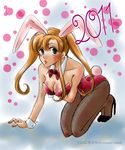  animal_ears blush body_blush bow bow_tie bowtie breasts bunny_ears bunny_tail bunnysuit cleavage code_geass female fishnets full_body gradient gradient_background green_eyes high_heels leotard long_hair natsuno_(pixiv1833537) orange_hair pantyhose red_ribbon ribbon shirley_fenette shoes solo tail twintails 