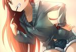  casual collarbone denim denim_shorts food grin hand_on_hip kouzu_shou leaning_forward long_hair mahou_shoujo_madoka_magica mouth_hold official_style pocky ponytail red_eyes red_hair sakura_kyouko shorts smile solo 