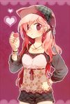 :t am_(going_nowhere) bad_id bad_pixiv_id blouse blush candy copyright_request food hand_on_hip hat heart jewelry long_hair necklace pink_eyes pink_hair purple_background purple_eyes shorts solo watch wristwatch 