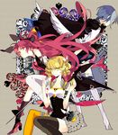  alternate_costume blonde_hair blue_hair boots cape highres mahou_shoujo_madoka_magica miki_sayaka mismatched_legwear multiple_girls ponytail red_hair sakura_kyouko smile suou sword thighhighs tomoe_mami weapon 