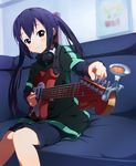  black_hair blush brown_eyes bun150 casual couch fender fender_mustang foreshortening guitar headphones headphones_around_neck instrument k-on! long_hair nakano_azusa shorts sitting smile solo sony twintails 