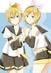  1girl bad_id bad_pixiv_id blonde_hair blush brother_and_sister green_eyes hair_ribbon headphones holding_hands kagamine_len kagamine_rin ribbon short_hair shorts siblings twins vocaloid yoshioka_mitsuko 