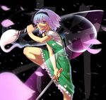  black_hairband blue_eyes dual_wielding ghost glowing glowing_eyes grin hairband highres hitodama holding katana konpaku_youmu konpaku_youmu_(ghost) leg_up mossari_poteto sharp_teeth short_hair silver_hair smile solo sword tassel teeth touhou vest weapon 