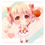 blush bow chibi food fork fruit hair_bow heart kaname_madoka looking_at_viewer mahou_shoujo_madoka_magica pink_hair red_eyes shoes short_twintails smile socks solo strawberry tottsuan twintails 