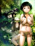  3girls black_hair braid breasts cleavage dagger fishnet fishnet_shirt fishnets florest forest huge_breasts kunoichi large_breasts mesh midriff multiple_girls nature ninja outdoors pasties s_zenith_lee slingshot twintails underboob weapon zenithlee 