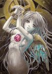 acrylic_paint_(medium) barcode chain chained crystal cuffs gears grey_hair jewelry long_hair monster_girl navel nude original solo toyoda_izumi traditional_media white_skin wings 