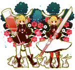  1girl 7:24 animal_ears blonde_hair boots brother_and_sister bunny bunny_ears glass headphones kagamine_len kagamine_rin knife nazotoki_(vocaloid) pantyhose red_legwear short_hair siblings skirt twins vocaloid 