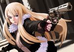 atam bad_id bad_pixiv_id blonde_hair blue_eyes breasts center_opening cleavage fingerless_gloves fur gloves gun handgun jacket large_breasts left-handed long_hair open_clothes open_jacket original pistol revolver solo weapon zipper 