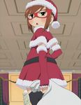  blush brown_eyes brown_hair christmas hat highres mask mitsudomoe miyashita non-web_source open_mouth santa_costume santa_hat solo stitched thighhighs third-party_edit 