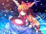  bow chain cup fireflies hair_bow horns ibuki_suika long_hair looking_at_viewer orange_eyes orange_hair reflection ryosios sakazuki shiny shiny_hair sitting smile solo touhou wrist_cuffs 