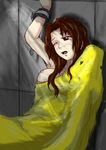  blush breasts brown_eyes brown_hair chains female girl inside_creature kaname_(artist) long_hair nipples one_breast_out one_eye_closed open_mouth scared snake solo tongue vore 