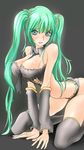  all_fours aqua_eyes arched_back bad_id bad_pixiv_id bare_shoulders between_breasts breasts detached_collar detached_sleeves green_hair hatsune_miku long_hair necktie rav_(ravetx) solo thighhighs twintails very_long_hair vocaloid 