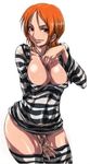  between_legs breasts cleavage female hand_between_legs lowres madhatter_hello nami nami_(one_piece) one_piece prison_clothes shirt simple_background solo striped striped_shirt thighhighs white_background 