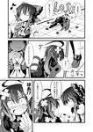  ahoge bandaid bow chin_grab comic detached_sleeves eighth_note english fang greyscale hair_bow hakurei_reimu houjuu_nue ichimi monochrome multiple_girls musical_note power-up thighhighs touhou translated wings 