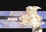  absurdres animal_ears bad_id bad_pixiv_id blonde_hair goggles goggles_on_head highres kaka_cheung long_hair original personification rising_antivirus sarashi solo tsurime weapon yellow_eyes 