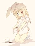  animal_ears bad_id bad_pixiv_id blonde_hair bunny_ears coffee cup dirty fukuji_mihoko heterochromia kazekoshi_school_uniform mug no_pants open_mouth saki solo spill tears tokumi_yuiko 