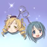  :d bad_id bad_pixiv_id beret blonde_hair blue_eyes blue_hair drill_hair hat head keychain light_smile mahou_shoujo_madoka_magica miki_sayaka multiple_girls open_mouth shadow short_hair smile sparkle tomoe_mami twin_drills twintails umeboshitora yellow_eyes 
