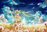  bad_id bad_pixiv_id closed_eyes cloud dress earrings flower green_hair hair_flower hair_ornament hat hat_basket hat_removed hatsune_miku headwear_removed holding holding_hat instocklee jewelry long_hair sky solo twintails very_long_hair vocaloid windmill 