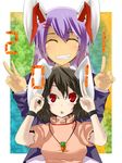  absurdres carrot carrot_necklace closed_eyes grin hair_ornament hairclip highres inaba_tewi jewelry multiple_girls necklace open_mouth pendant reisen_udongein_inaba smile teeth touhou wristband yet_you 