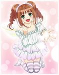  :d bad_id bad_pixiv_id brown_hair cozy green_eyes highres idolmaster idolmaster_(classic) kneeling open_mouth reaching smile solo striped striped_legwear takatsuki_yayoi thighhighs twintails wings 