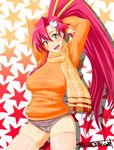  bad_id bad_pixiv_id breasts large_breasts long_hair plaid plaid_scarf ponytail red_hair scarf shinku_p short_shorts shorts skindentation solo sweater tengen_toppa_gurren_lagann thighhighs yellow_eyes yoko_littner 