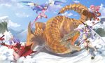  battle blango_(armor) dual_wielding hiiragi_kagami hiiragi_tsukasa holding izumi_konata jak kirin_(armor) lucky_star monster_hunter multiple_girls parody stuffed_animal stuffed_toy sword takara_miyuki tigrex weapon 